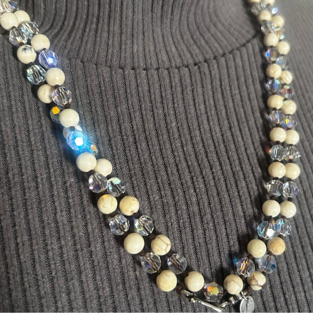Chan Luu 925 Sterling Silver Long Necklace Bone Beads Syvorski Crystals